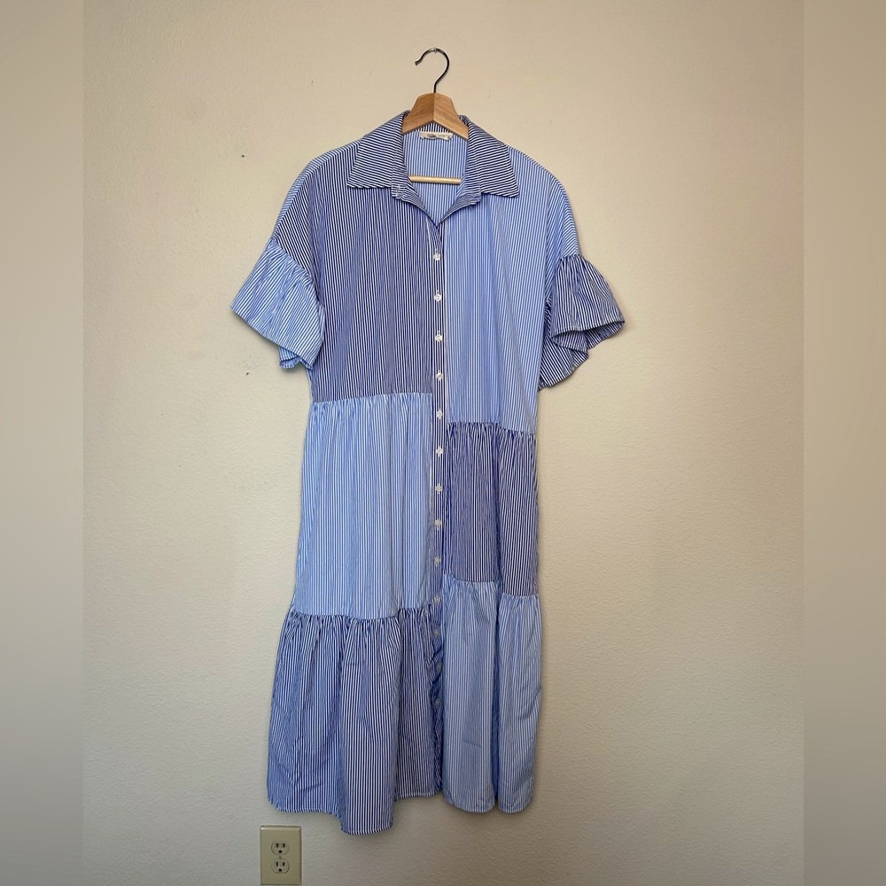 Womens Boutique Button Down Midi Blue Striped Shirt Dress Tiered Ruffle Collared